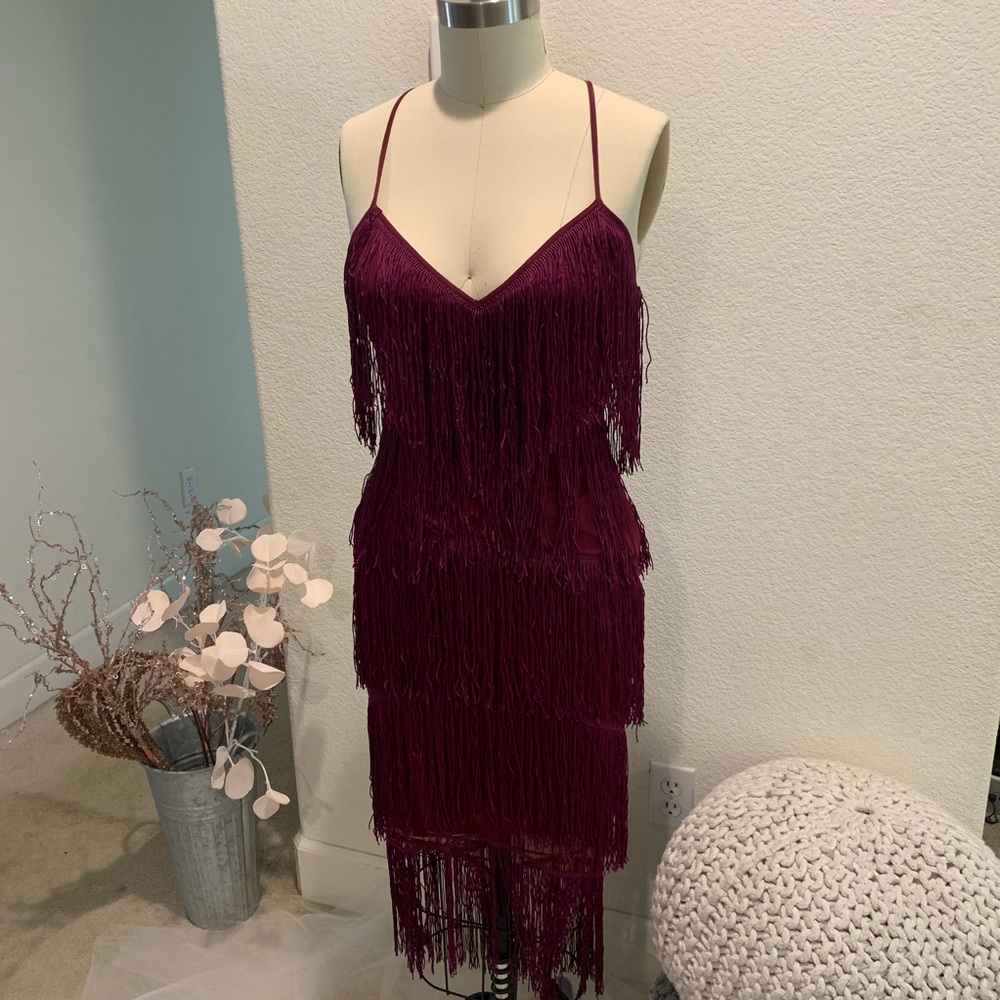 ASOS fringe mesh Art Deco burgundy dress